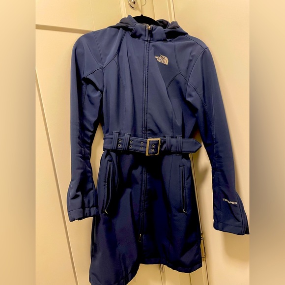 Ladies knee length blue The North Face coat with belt - Picture 1 of 6